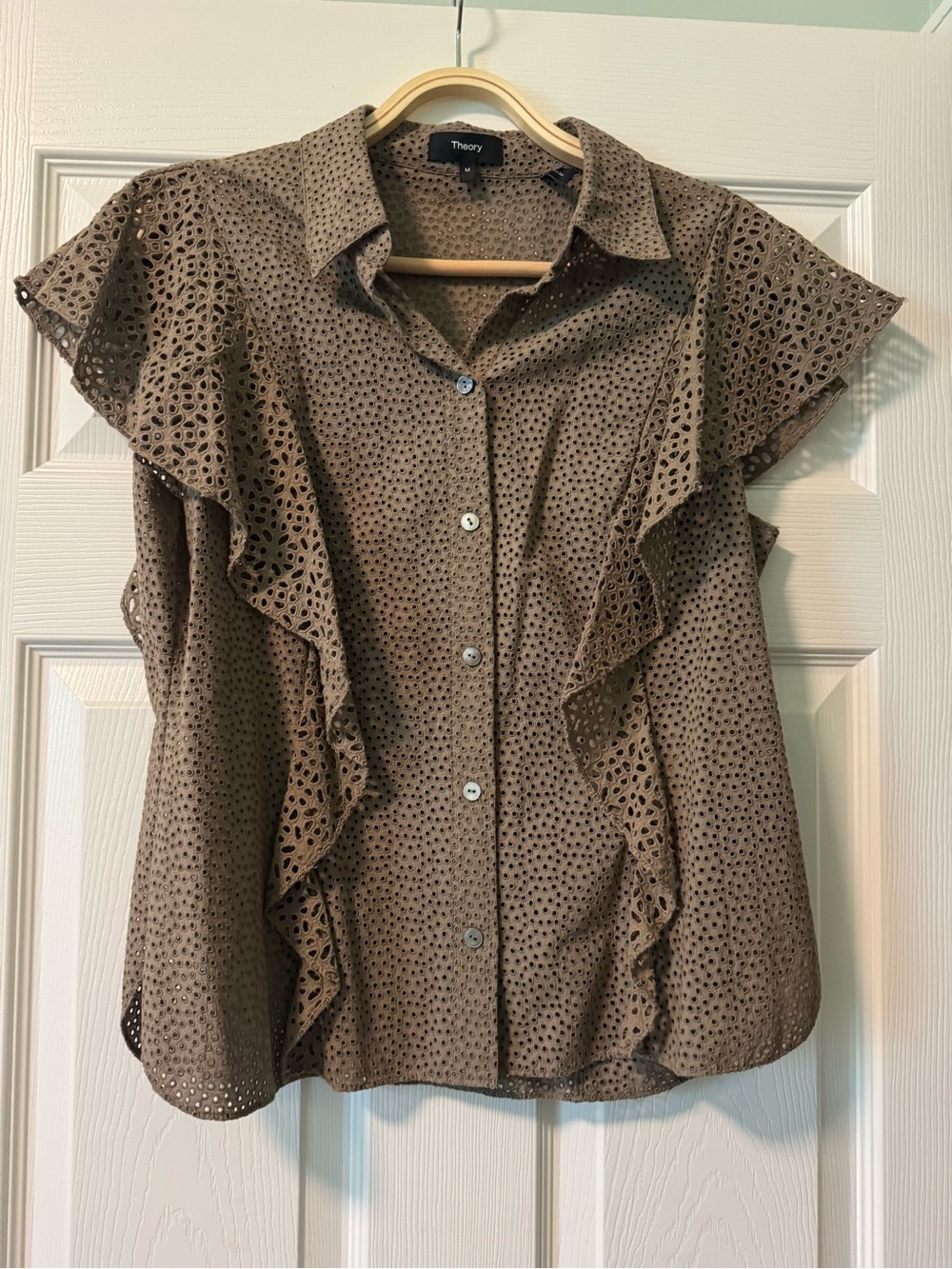 Theory Nova Eyelet Ruffle Front Blouse. 100% Cotton Medium. Olive Taupe Brown